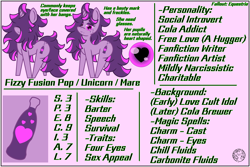 Size: 6000x4000 | Tagged: safe, artist:dice-warwick, oc, oc:fizzy fusion pop, pony, unicorn, fallout equestria, beauty mark, butt freckles, coloboma, cult, female, freckles, heart, heart eyes, long mane, long tail, mare, messy mane, reference sheet, soda, solo, tail, wingding eyes