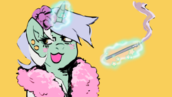 Size: 1280x720 | Tagged: safe, artist:kitsuwaa, lyra heartstrings, pony, unicorn, g4, blushing, cigarette, cigarette holder, ear piercing, earring, feather boa, flower, flower in hair, glowing, glowing horn, horn, jewelry, magic, open mouth, piercing, smoking, solo