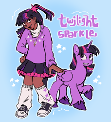 Size: 1604x1756 | Tagged: safe, artist:kitsuwaa, twilight sparkle, alicorn, human, pony, g4, blue background, clothes, converse, cute, cutie mark on clothes, dark skin, female, grin, human ponidox, humanized, jewelry, leg warmers, mare, name, necklace, open mouth, raised hoof, self paradox, self ponidox, shoes, simple background, skirt, smiling, sneakers, solo, species swap, stars, sweater, twiabetes, twilight sparkle (alicorn), unshorn fetlocks