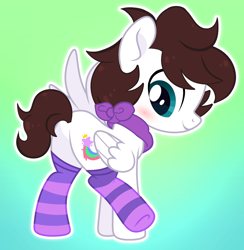 Size: 3000x3080 | Tagged: safe, artist:c1trine, artist:saverpon3, oc, oc only, oc:markey malarkey, pegasus, pony, bandana, base used, blushing, clothes, crossover, cute, folded wings, gradient background, green background, high res, male, outline, ponified, raised leg, socks, solo, spread wings, striped socks, the mark side, white outline, wings