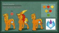 Size: 4800x2700 | Tagged: safe, artist:lunciakkk, oc, oc:akashi kouma, oc:redstone, earth pony, pegasus, pony, unicorn, male, reference sheet, solo, stallion