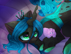 Size: 3262x2500 | Tagged: safe, artist:taiweiart, queen chrysalis, oc, oc:fluffle puff, changeling, changeling queen, g4, crown, cute, cutealis, duo, duo female, female, heart, heart eyes, high res, holding, jewelry, lying, ocbetes, plushie, regalia, sequins, spread wings, wingding eyes, wings