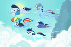 Size: 749x496 | Tagged: safe, artist:twinklesentrymlp0809, rainbow dash, soarin', oc, oc:rainbow hurricane, oc:speed cloud, oc:thunder wish, pegasus, pony, g4, the last problem, bomber jacket, clothes, female, filly, flying, foal, husband and wife, jacket, male, mare, offspring, older, older rainbow dash, older soarin', older soarindash, parent:rainbow dash, parent:soarin', parents:soarindash, ship:soarindash, shipping, sky, stallion, straight