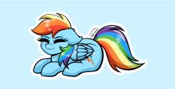 Size: 2000x1018 | Tagged: safe, artist:nuumia, rainbow dash, pegasus, pony, g4, :3, blue background, cyan background, ears back, eyes closed, floppy ears, lying down, prone, signature, simple background, smiling, solo