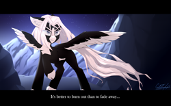Size: 3664x2272 | Tagged: safe, artist:cmdrtempest, oc, oc:kate braxton, pegasus, pony, cloven hooves, epic, female, high res, looking at each other, looking at someone, mare, mountain, night, solo, text