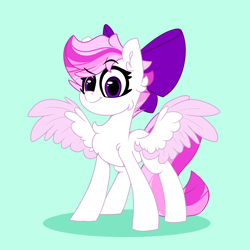 Size: 2500x2500 | Tagged: safe, artist:fakkajohan, oc, oc only, oc:perfect rays, pegasus, pony, bow, chest fluff, dreamworks face, ear fluff, female, green background, hair bow, high res, looking at you, simple background, solo, spread wings, wings