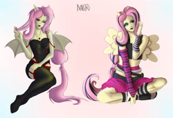 Size: 5131x3500 | Tagged: safe, artist:nalori, fluttershy, bat pony, human, pony, g4, alternate hairstyle, arm warmers, bare shoulders, bat ponified, belt, clothes, converse, corset, cute, eared humanization, emoshy, female, flutterbat, garter belt, humanized, jewelry, lipstick, necklace, one eye closed, pony coloring, race swap, shoes, shorts, shyabetes, sitting, skirt, sleeveless, socks, solo, stocking feet, stockings, striped socks, tail, tailed humanization, thigh highs, wide eyes, winged humanization, wings, wink