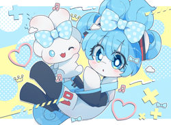 Size: 3000x2200 | Tagged: safe, artist:lexiedraw, dog, earth pony, pony, alternate hairstyle, anime, blushing, bow, cinnamoroll, clothes, female, hair bow, hatsune miku, heart, high res, mare, one eye closed, ponified, puppy, sanrio, socks, vocaloid