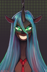 Size: 1300x2000 | Tagged: safe, artist:askometa, queen chrysalis, changeling, collaboration:meet the best showpony, g4, collaboration, evil grin, eyeshadow, fangs, female, glowing, glowing eyes, grin, looking at you, makeup, necktie, smiling, solo