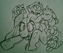 Size: 3120x2651 | Tagged: safe, artist:dsstoner, queen chrysalis, changeling, changeling larva, changeling queen, insect, g4, baby, eyes closed, foal, high res, lying down, mommy chrissy, monochrome, open mouth, open smile, prone, smiling, traditional art