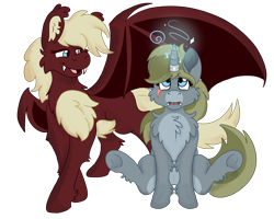 Size: 2500x2000 | Tagged: safe, artist:euspuche, oc, oc only, oc:alabaster, oc:trinity, bat pony, pony, undead, unicorn, vampire, chest fluff, fangs, female, fluffy, high res, horn, horn ring, looking up, mare, ring, rule 63, simple background, smiling, spread wings, transparent background, two toned coat, wings