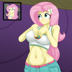 Size: 1280x1280 | Tagged: safe, artist:lennondash, edited screencap, screencap, fluttershy, human, equestria girls, g4, my little pony equestria girls: legend of everfree, :<, adorasexy, bare shoulders, belly button, breasts, busty fluttershy, butterfly hairpin, camp everfree outfits, clothes, cute, female, huggable, midriff, screencap reference, sexy, short shirt, shyabetes, solo, teenager