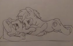 Size: 3264x2040 | Tagged: safe, artist:peternators, sweetie belle, oc, oc:heroic armour, pony, unicorn, g4, bed, blushing, cuddling, female, filly, foal, high res, lying down, male, monochrome, on back, on bed, pillow, sketch, smiling, snuggling, stallion, traditional art