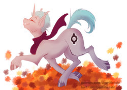 Size: 2480x1754 | Tagged: safe, artist:liechisenshi, oc, oc only, pony, unicorn, autumn, clothes, concave belly, eyes closed, fangs, leaves, male, scarf, simple background, solo, stallion, unshorn fetlocks, white background