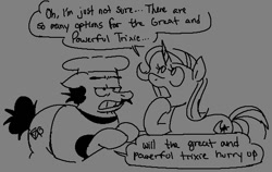 Size: 569x359 | Tagged: safe, artist:superkirbylover, trixie, oc, pony, unicorn, g4, duo, female, male, monochrome, peppino spaghetti, pizza tower, ponified, rule 85, text