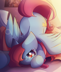 Size: 2000x2350 | Tagged: safe, artist:miryelis, oc, oc only, oc:rainven wep, pegasus, pony, bed, big ears, butt, cute, face down ass up, female, high res, long hair, looking at you, mare, pegasus oc, plot, red eyes, signature, smiling, solo, spread wings, wings