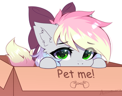 Size: 2773x2170 | Tagged: safe, artist:airiniblock, oc, oc only, oc:blazey sketch, pegasus, pony, bow, box, cardboard box, ear fluff, green eyes, grey fur, hair bow, heart, heart eyes, high res, looking at you, multicolored hair, pegasus oc, puppy dog eyes, simple background, solo, white background, wingding eyes