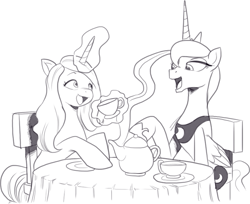 Size: 809x660 | Tagged: safe, artist:nauyaco, izzy moonbow, princess luna, alicorn, pony, unicorn, g4, g5, cup, duo, grayscale, height difference, izzy diana moonbow, long mane, magic, monochrome, open mouth, physique difference, simple background, slender, talking, teacup, teapot, thin, white background