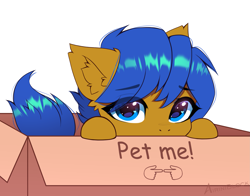 Size: 2773x2170 | Tagged: safe, alternate character, alternate version, artist:airiniblock, oc, oc:crushingvictory, pony, box, cardboard box, commission, ear fluff, fingers together, heart, heart eyes, high res, pet request, pony in a box, simple background, solo, white background, wingding eyes, ych result