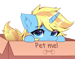 Size: 2773x2170 | Tagged: safe, alternate character, alternate version, artist:airiniblock, oc, oc only, oc:skydreams, pony, unicorn, box, cardboard box, commission, cute, ear fluff, female, fingers together, heart, heart eyes, high res, looking at you, mare, pet request, pony in a box, puppy dog eyes, simple background, solo, white background, wingding eyes, ych result