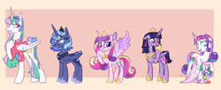Size: 2406x978 | Tagged: safe, artist:harusocoma, princess cadance, princess celestia, princess flurry heart, princess luna, twilight sparkle, oc, alicorn, pony, g4, alicorn pentarchy, alternate hairstyle, closed mouth, clothes, colored wings, concave belly, crown, crystallized, cyan eyes, ears back, ethereal mane, ethereal tail, eyeshadow, female, folded wings, gradient wings, grin, group, hairband, height difference, hoof shoes, jewelry, lidded eyes, looking back, looking down, makeup, mare, older, older flurry heart, older twilight, open mouth, peytral, pink eyes, princess shoes, purple eyes, raised hoof, regalia, sextet, shirt, short tail, slender, slit pupils, smiling, spread wings, standing, stifling laughter, sweat, sweatdrops, tail, tail jewelry, teary eyes, thin, tiara, turned head, twilight sparkle (alicorn), wings