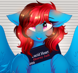 Size: 1600x1500 | Tagged: safe, artist:2pandita, oc, oc:lucid heart, pegasus, pony, blushing, female, horny jail, mare, mugshot, open mouth, open smile, smiling, solo, spread wings, wings