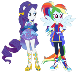 Size: 3540x3500 | Tagged: safe, artist:gmaplay, rainbow dash, rarity, human, equestria girls, equestria girls specials, g4, my little pony equestria girls: better together, my little pony equestria girls: forgotten friendship, alternate hairstyle, cape, clothes, crossed arms, cutie mark on clothes, diamonds, duo, eyeshadow, female, frills, gloves, gorget, grin, hand on hip, high res, jewelry, leg bracelet, long gloves, long shirt, makeup, open mouth, open smile, pants, ponied up, pony ears, ponytail, shoes, simple background, sleeveless, smiling, sneakers, spread wings, super ponied up, sweatpants, tiara, transparent background, wings