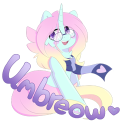 Size: 1280x1324 | Tagged: safe, artist:umbreow, oc, pony, unicorn, clothes, female, glasses, looking at you, mare, open mouth, open smile, scarf, simple background, sitting, smiling, smiling at you, solo, transparent background, watermark