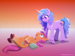 Size: 1600x1200 | Tagged: safe, artist:willoillo, izzy moonbow, sunny starscout, earth pony, pony, unicorn, g5, bag, chest fluff, duo, duo female, female, hi new friend, lesbian, lesbian pride flag, looking at each other, looking at someone, lying down, mare, on back, open mouth, open smile, pride, pride flag, saddle bag, ship:moonscout, shipping, smiling, standing, unshorn fetlocks