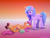 Size: 1600x1200 | Tagged: safe, artist:willoillo, izzy moonbow, sunny starscout, earth pony, pony, unicorn, g5, bag, chest fluff, duo, duo female, female, hi new friend, lesbian, lesbian pride flag, lightly watermarked, looking at each other, looking at someone, lying down, mare, on back, open mouth, open smile, pride, pride flag, saddle bag, ship:moonscout, shipping, smiling, standing, unshorn fetlocks, watermark