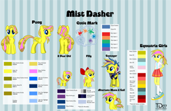 Size: 4600x3000 | Tagged: safe, artist:thunderdasher07, oc, oc only, oc:mist dasher, human, pegasus, pony, equestria girls, g4, 2017, 5-year-old, age progression, alternate hairstyle, bow, bracelet, butt, butt freckles, clothes, color palette, cutie mark, ear piercing, earring, equestria girls-ified, female, filly, foal, freckles, front view, hair bow, hairband, high res, jacket, jewelry, mare, multicolored hair, old art, older, pegasus oc, piercing, pigtails, plot, ponytail, punk, rear view, reference sheet, shirt, shoes, short tail, side view, signature, simple background, skirt, sneakers, solo, standing, striped background, tail, teenager, text, two toned mane