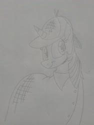 Size: 1944x2592 | Tagged: safe, artist:princebluemoon3, twilight sparkle, alicorn, pony, g4, deerstalker, detective, drawing, hat, pencil drawing, sherlock holmes, sherlock sparkle, smiling, solo, traditional art, twilight sparkle (alicorn)