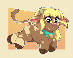 Size: 2231x1765 | Tagged: safe, artist:joaothejohn, oc, oc only, cow, abstract background, bell, bell collar, bovine, cloven hooves, collar, commission, cow oc, cowbell, cute, female, horns, looking at you, ocbetes, open mouth, open smile, running, smiling, solo