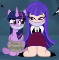 Size: 225x229 | Tagged: safe, artist:beckynatt, twilight sparkle, alicorn, human, pony, g4, bondage, bound and gagged, calm, cloth gag, clothes, dc comics, dc superhero girls, duo, duo female, female, gag, help us, looking at each other, looking at someone, ribbon bow tie, rope, rope bondage, shirt, sitting, skirt, smiling, smirk, tied up, twilight sparkle (alicorn), waistcoat, zatanna