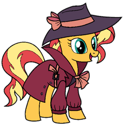 Size: 490x495 | Tagged: safe, artist:muhammad yunus, sunset shimmer, pony, unicorn, g4, clothes, cute, detective, detective shimmer, fedora, female, happy, hat, open mouth, simple background, solo, transparent background, trenchcoat