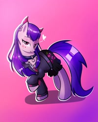 Size: 2000x2500 | Tagged: safe, artist:underdog234, oc, oc only, oc:akuma nihmune, oc:numi, earth pony, pony, clothes, collar, ear piercing, earring, female, floating heart, gradient background, heart, high res, jewelry, mare, piercing, ponified, skirt, solo, vtuber