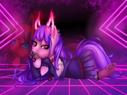 Size: 2000x1500 | Tagged: safe, artist:underdog234, oc, oc:akuma nihmune, oc:numi, earth pony, pony, clothes, collar, ear piercing, earring, female, heart, herbivore, jewelry, lying down, mare, piercing, plum, ponified, prone, skirt, solo, vtuber