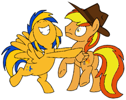 Size: 557x446 | Tagged: safe, artist:muhammad yunus, oc, oc only, oc:firey ratchet, oc:flare spark, pegasus, pony, g4, backwards cutie mark, butt, excited, fedora, female, hat, hug, male, mare, plot, simple background, smiling, stallion, transparent background