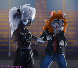 Size: 4948x4320 | Tagged: safe, artist:zlatdesign, derpibooru exclusive, oc, oc only, oc:enferna volt, oc:natalia nocte, anthro, blind, city, clothes, confused, couple, dress, duo, gloves, holding hands, love, night, punk, scared