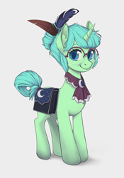 Size: 2734x3897 | Tagged: safe, artist:taytinabelle, derpibooru exclusive, oc, oc only, oc:serenity, pony, unicorn, bag, cutie mark accessory, ear fluff, ear freckles, female, freckles, glasses, hair bun, happy, high res, looking at you, mare, messy mane, messy tail, neckerchief, quill, round glasses, saddle bag, simple background, smiling, solo, story in the source, tail, tail wrap, white background