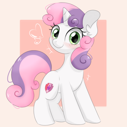 Size: 1080x1080 | Tagged: safe, artist:twiliset, derpibooru exclusive, sweetie belle, pony, unicorn, g4, blushing, cute, diasweetes, female, filly, foal, happy, heart, looking at you, passepartout, simple background, smiling, smiling at you, solo, standing, weapons-grade cute