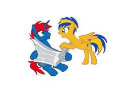 Size: 2048x1536 | Tagged: safe, artist:ry-bluepony1, oc, oc only, oc:flare spark, oc:train track, pegasus, pony, unicorn, g4, female, male, mare, newspaper, simple background, spread wings, stallion, transparent background, wings