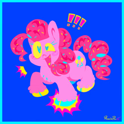 Size: 2048x2048 | Tagged: safe, artist:pankiepoo, pinkie pie, earth pony, pony, g4, blue background, chest fluff, heart, heart eyes, high res, hooves, multicolored hooves, open mouth, simple background, smiling, solo, unshorn fetlocks, wingding eyes