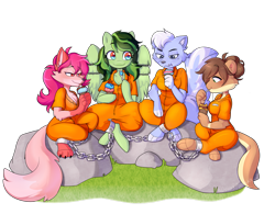 Size: 2173x1696 | Tagged: safe, artist:dylanrpancake, oc, oc only, oc:eden shallowleaf, fox, otter, pegasus, skunk, anthro, arm hooves, bound wings, breasts, chains, cherry, clothes, cute, eating, female, food, furry, group, ice cream, ice cream cone, jumpsuit, mare, ocbetes, pegasus oc, prison outfit, quartet, rock, simple background, sitting, spoon, transparent background, wings