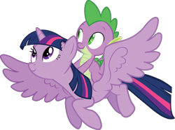 Size: 2686x2000 | Tagged: safe, spike, twilight sparkle, alicorn, dragon, pony, g4, official, .svg available, closed mouth, dragons riding ponies, duo, duo male and female, eyes open, female, flying, high res, male, mare, riding, simple background, smiling, spike riding twilight, spread wings, svg, transparent background, twilight sparkle (alicorn), vector, wings