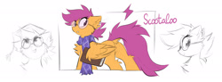 Size: 2048x753 | Tagged: safe, artist:kejifox, scootaloo, pegasus, pony, g4, book, butt, chest fluff, clothes, dock, dock piercing, ear fluff, ear piercing, featureless crotch, female, glasses, graduation cap, hat, looking back, piercing, plot, scarf, scootabutt, scootanerd, sketch, tail, tail piercing, wing hold, wings