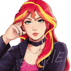 Size: 2048x2048 | Tagged: safe, artist:xiaowu07, sunset shimmer, human, equestria girls, g4, collar, commission, female, high res, human coloration, looking at you, sample, simple background, solo, white background