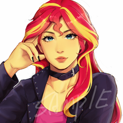 Size: 2048x2048 | Tagged: safe, alternate version, artist:xiaowu07, sunset shimmer, human, equestria girls, g4, collar, commission, female, high res, looking at you, sample, simple background, solo, white background