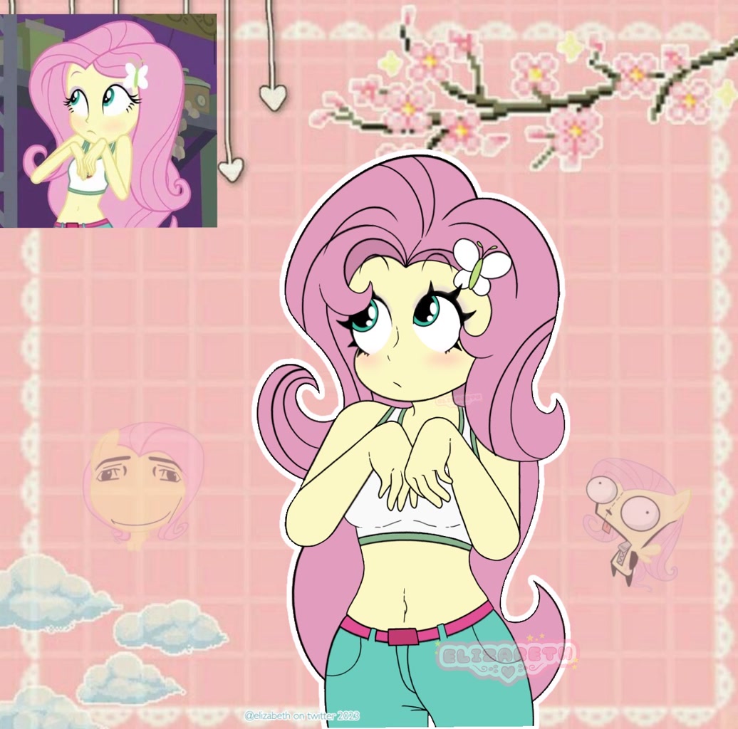 3176179 - safe, artist:elizabet311, edit, edited screencap, screencap,  fluttershy, human, equestria girls, g4, legend of everfree, abstract  background, belly, belly button, blushing, camp everfree outfits, cute,  female, midriff, outline, roblox ...