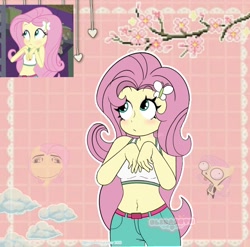 Size: 1242x1228 | Tagged: safe, artist:elizabet311, edit, edited screencap, screencap, fluttershy, human, equestria girls, g4, my little pony equestria girls: legend of everfree, abstract background, belly, belly button, blushing, camp everfree outfits, cute, female, midriff, outline, roblox, screencap reference, shyabetes, solo, white outline